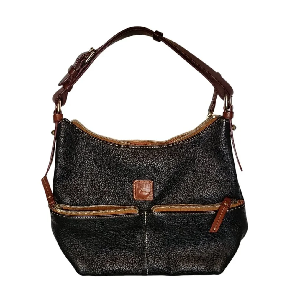 Dooney and Bourke Black Pebbled Leather Shoulder Bag Brown Trim Red Interior